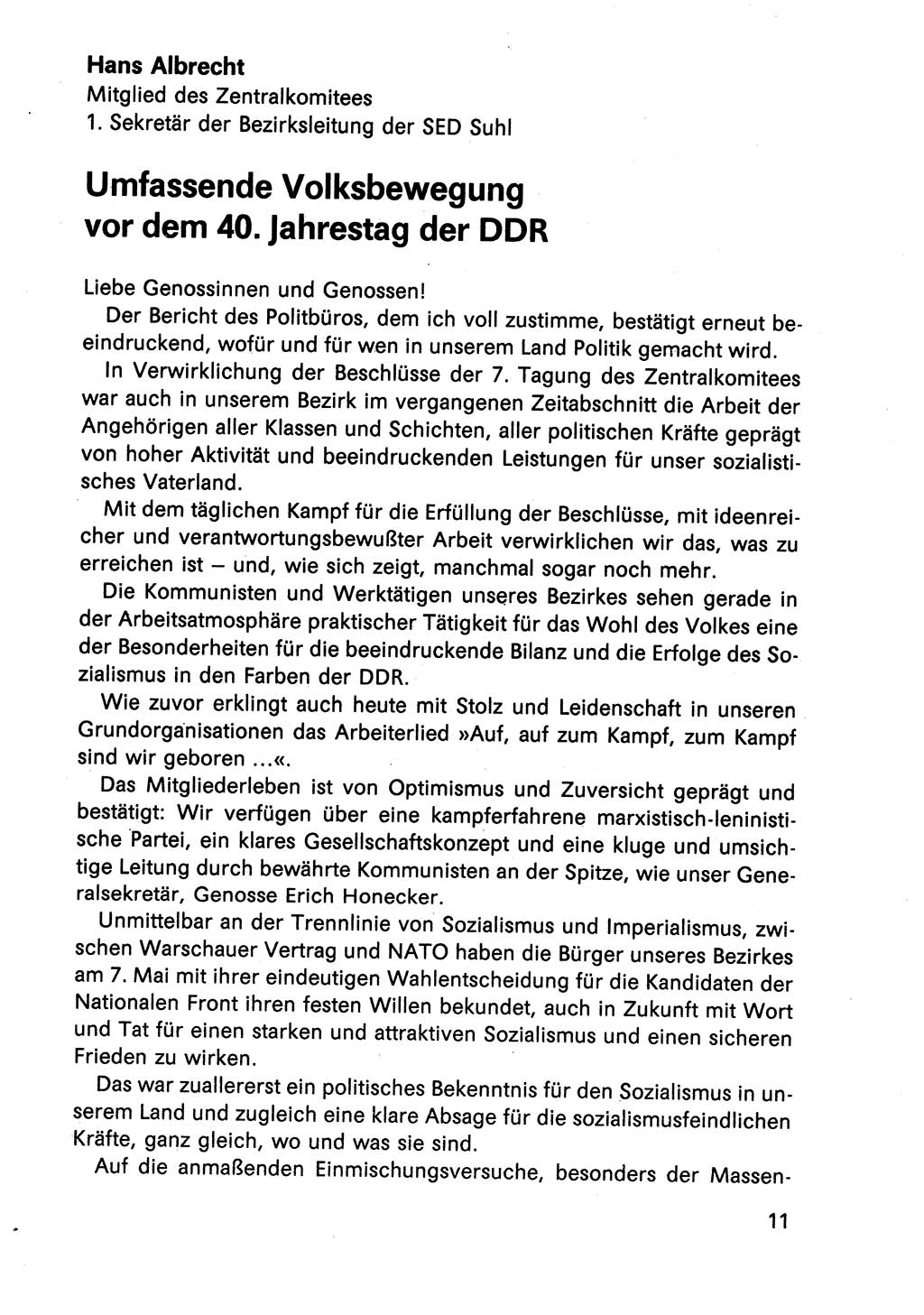 Diskussionsreden, 8. Tagung des ZK (Zentralkomitee) der SED (Sozialistische Einheitspartei Deutschlands) [Deutsche Demokratische Republik (DDR)] 1989, Seite 11 (Disk.-Red. 8. Tg. ZK SED DDR 1989, S. 11)