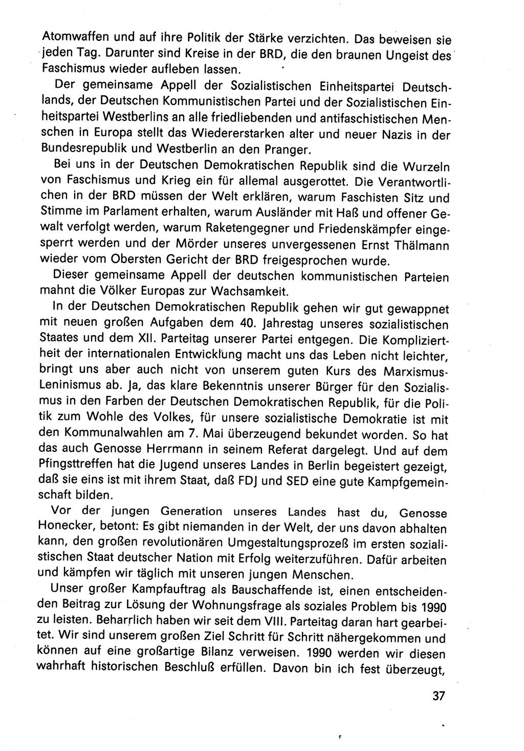 Diskussionsreden, 8. Tagung des ZK (Zentralkomitee) der SED (Sozialistische Einheitspartei Deutschlands) [Deutsche Demokratische Republik (DDR)] 1989, Seite 37 (Disk.-Red. 8. Tg. ZK SED DDR 1989, S. 37)