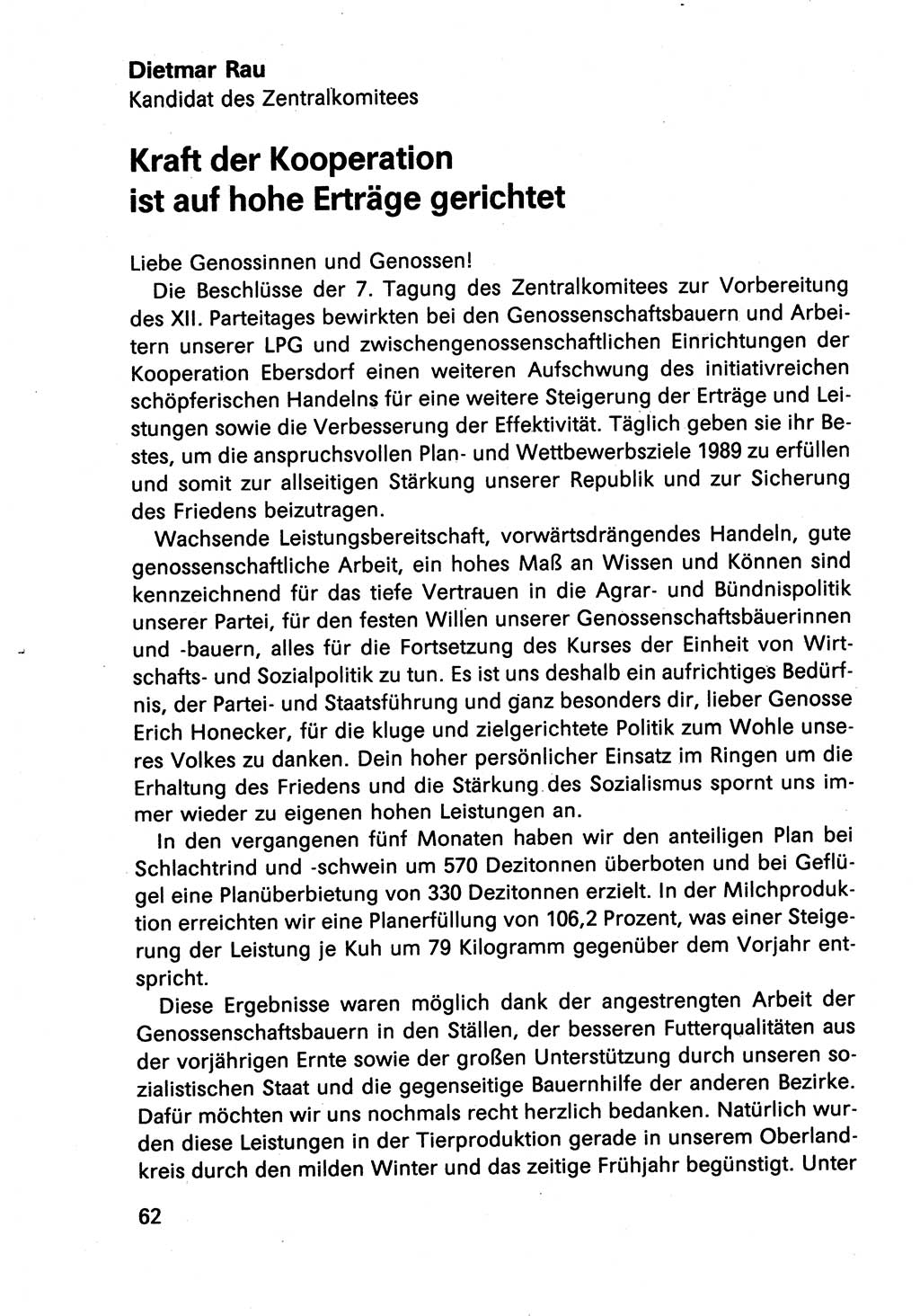 Diskussionsreden, 8. Tagung des ZK (Zentralkomitee) der SED (Sozialistische Einheitspartei Deutschlands) [Deutsche Demokratische Republik (DDR)] 1989, Seite 62 (Disk.-Red. 8. Tg. ZK SED DDR 1989, S. 62)