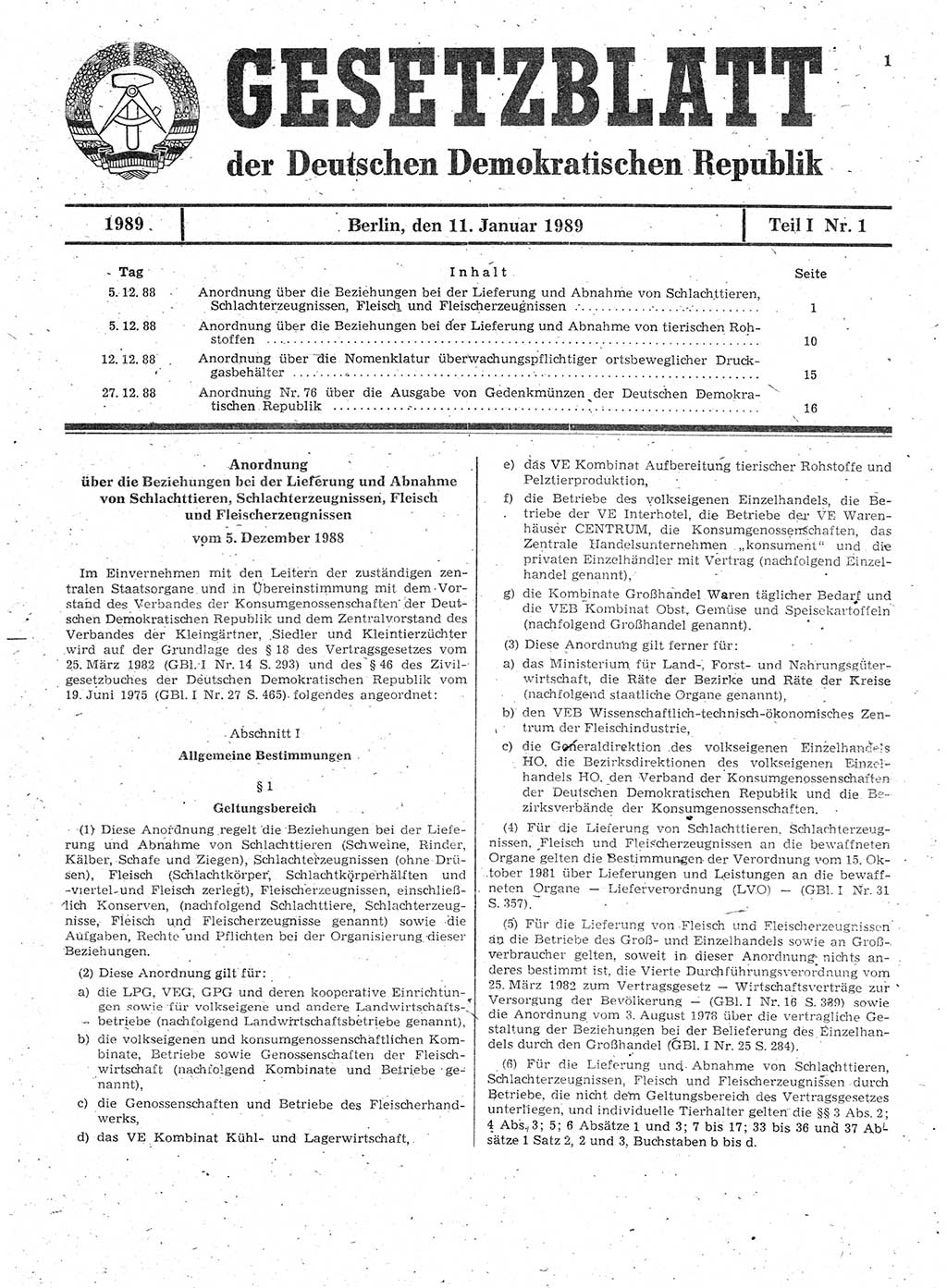 Gesetzblatt (GBl.) der Deutschen Demokratischen Republik (DDR) Teil Ⅰ 1989, Seite 1 (GBl. DDR Ⅰ 1989, S. 1)