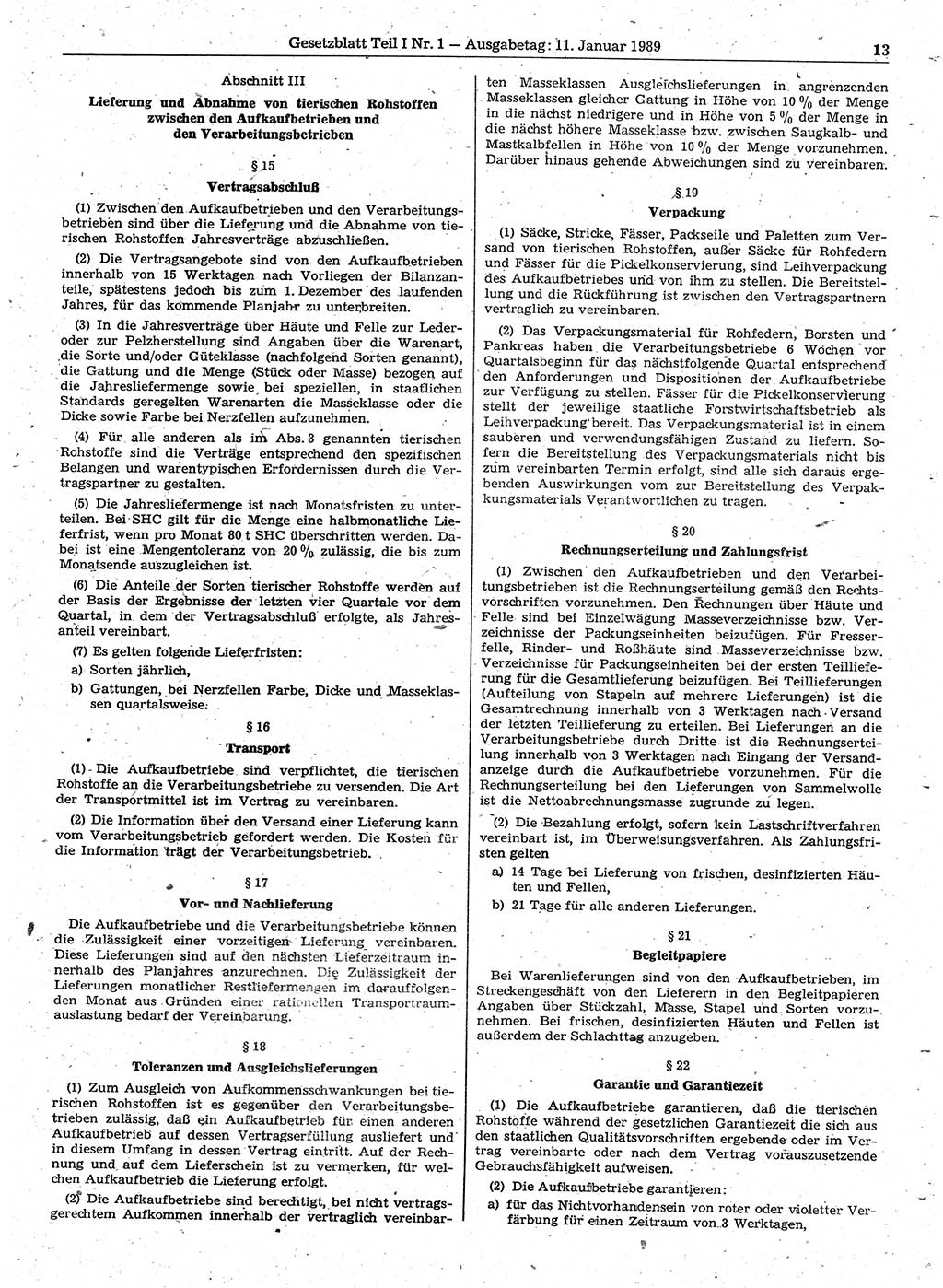 Gesetzblatt (GBl.) der Deutschen Demokratischen Republik (DDR) Teil Ⅰ 1989, Seite 13 (GBl. DDR Ⅰ 1989, S. 13)