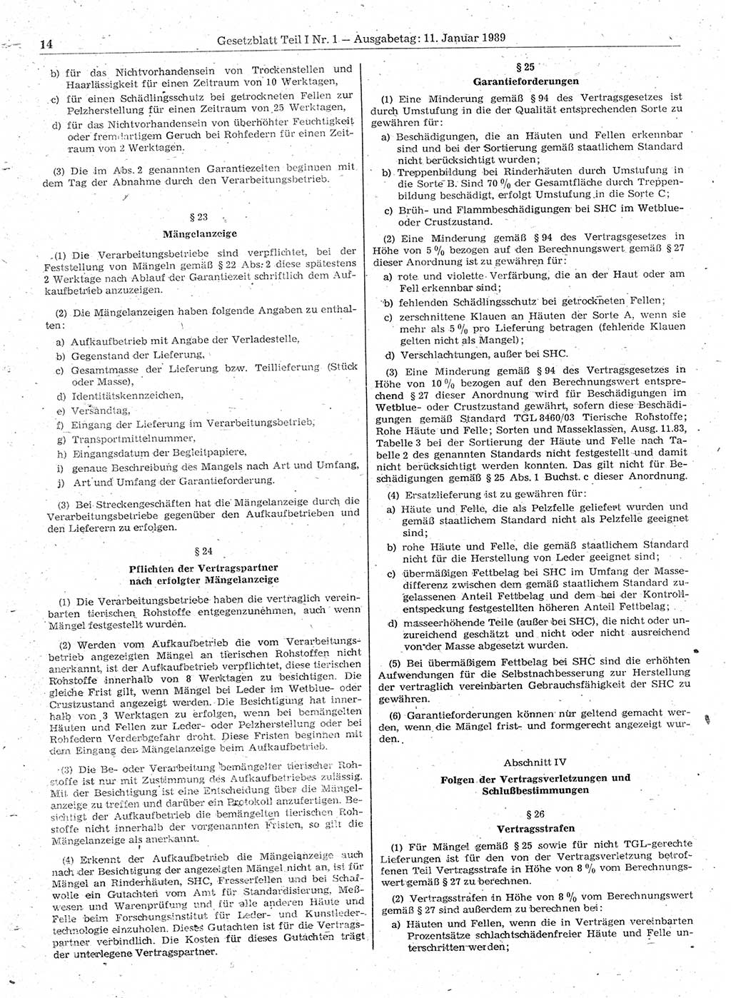 Gesetzblatt (GBl.) der Deutschen Demokratischen Republik (DDR) Teil Ⅰ 1989, Seite 14 (GBl. DDR Ⅰ 1989, S. 14)