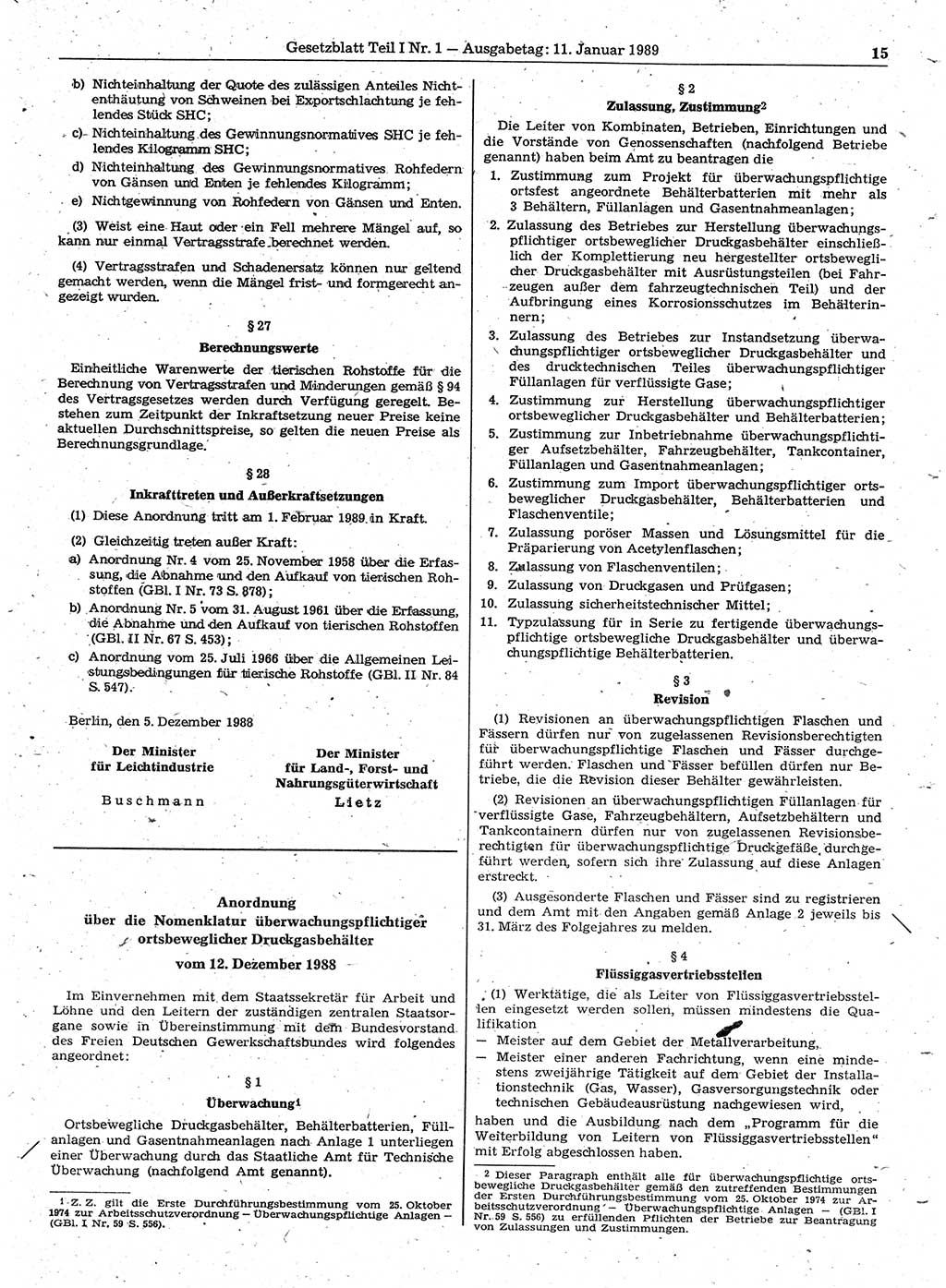 Gesetzblatt (GBl.) der Deutschen Demokratischen Republik (DDR) Teil Ⅰ 1989, Seite 15 (GBl. DDR Ⅰ 1989, S. 15)