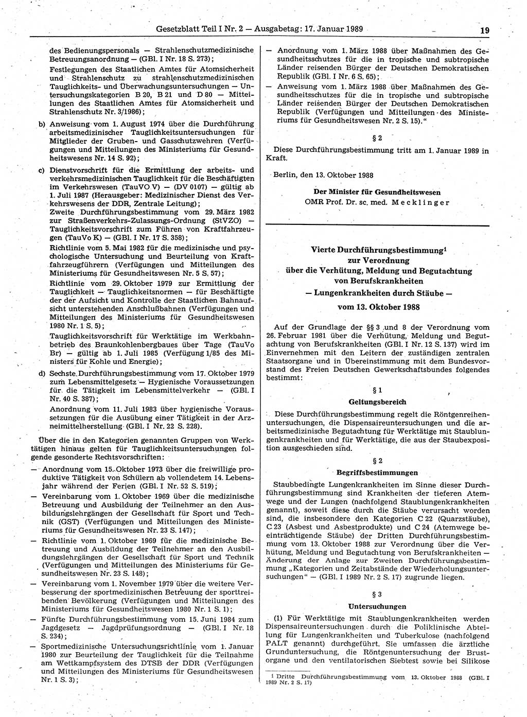Gesetzblatt (GBl.) der Deutschen Demokratischen Republik (DDR) Teil Ⅰ 1989, Seite 19 (GBl. DDR Ⅰ 1989, S. 19)