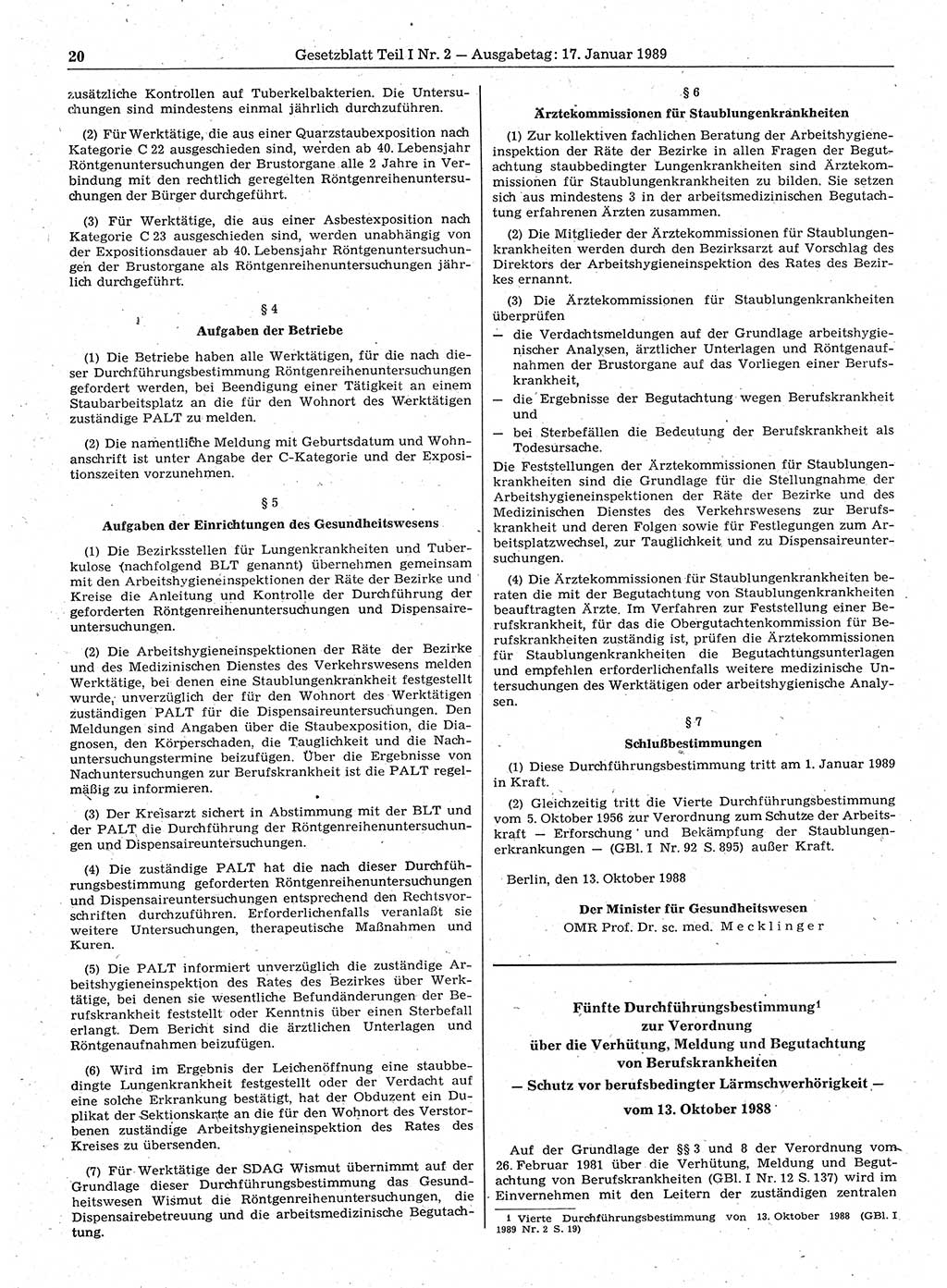 Gesetzblatt (GBl.) der Deutschen Demokratischen Republik (DDR) Teil Ⅰ 1989, Seite 20 (GBl. DDR Ⅰ 1989, S. 20)