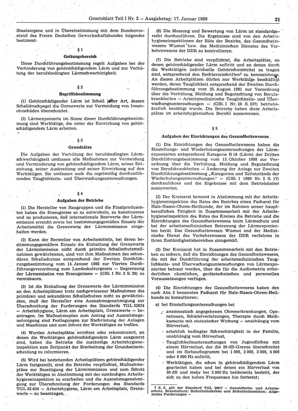 Gesetzblatt (GBl.) der Deutschen Demokratischen Republik (DDR) Teil Ⅰ 1989, Seite 21 (GBl. DDR Ⅰ 1989, S. 21)