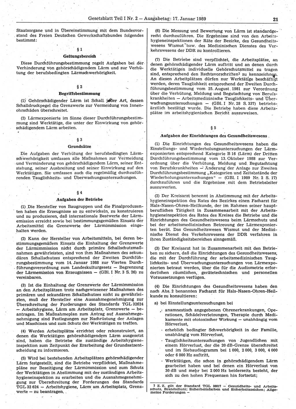 Gesetzblatt (GBl.) der Deutschen Demokratischen Republik (DDR) Teil Ⅰ 1989, Seite 21 (GBl. DDR Ⅰ 1989, S. 21)