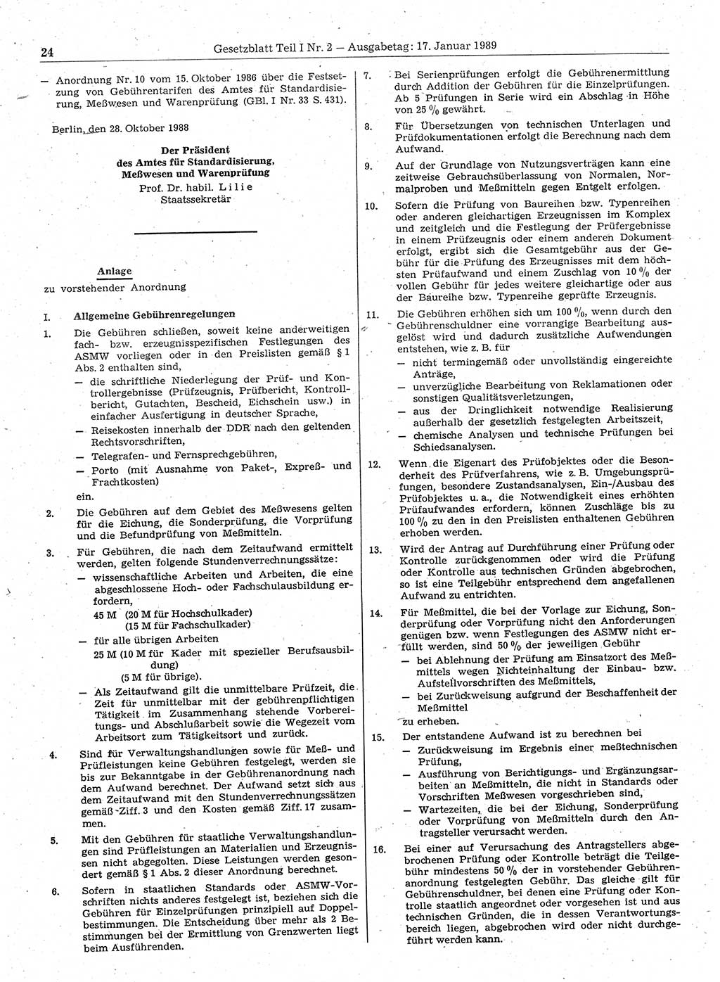 Gesetzblatt (GBl.) der Deutschen Demokratischen Republik (DDR) Teil Ⅰ 1989, Seite 24 (GBl. DDR Ⅰ 1989, S. 24)