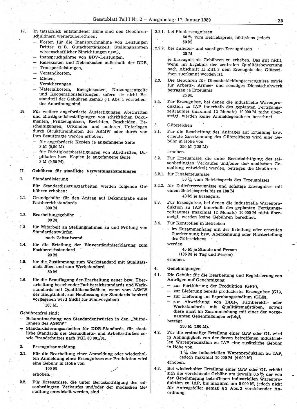 Gesetzblatt (GBl.) der Deutschen Demokratischen Republik (DDR) Teil Ⅰ 1989, Seite 25 (GBl. DDR Ⅰ 1989, S. 25)