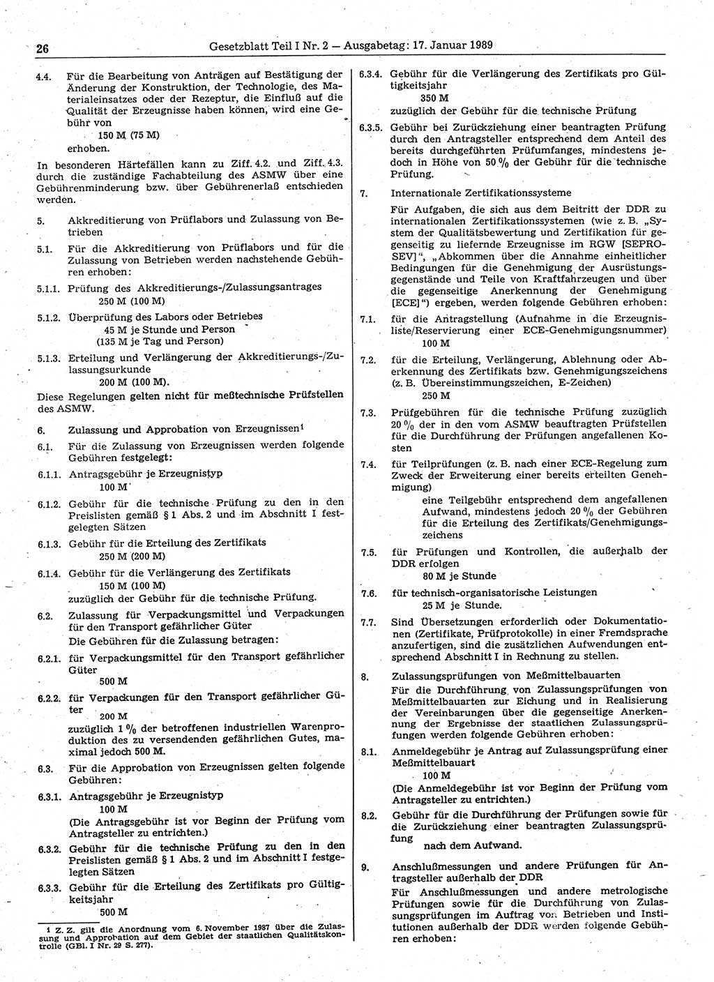 Gesetzblatt (GBl.) der Deutschen Demokratischen Republik (DDR) Teil Ⅰ 1989, Seite 26 (GBl. DDR Ⅰ 1989, S. 26)