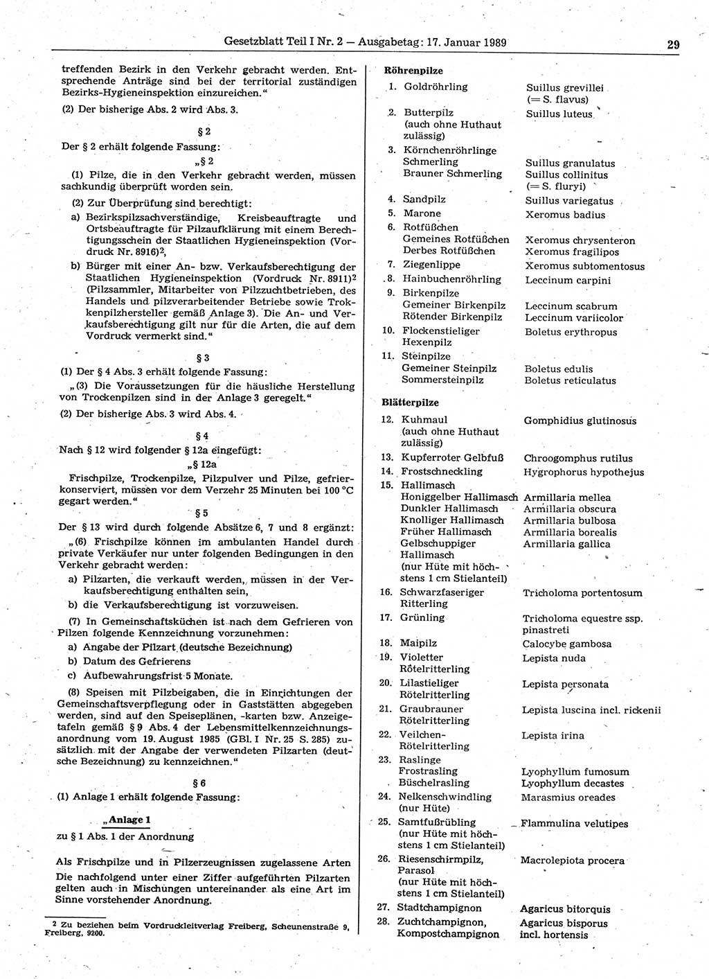 Gesetzblatt (GBl.) der Deutschen Demokratischen Republik (DDR) Teil Ⅰ 1989, Seite 29 (GBl. DDR Ⅰ 1989, S. 29)