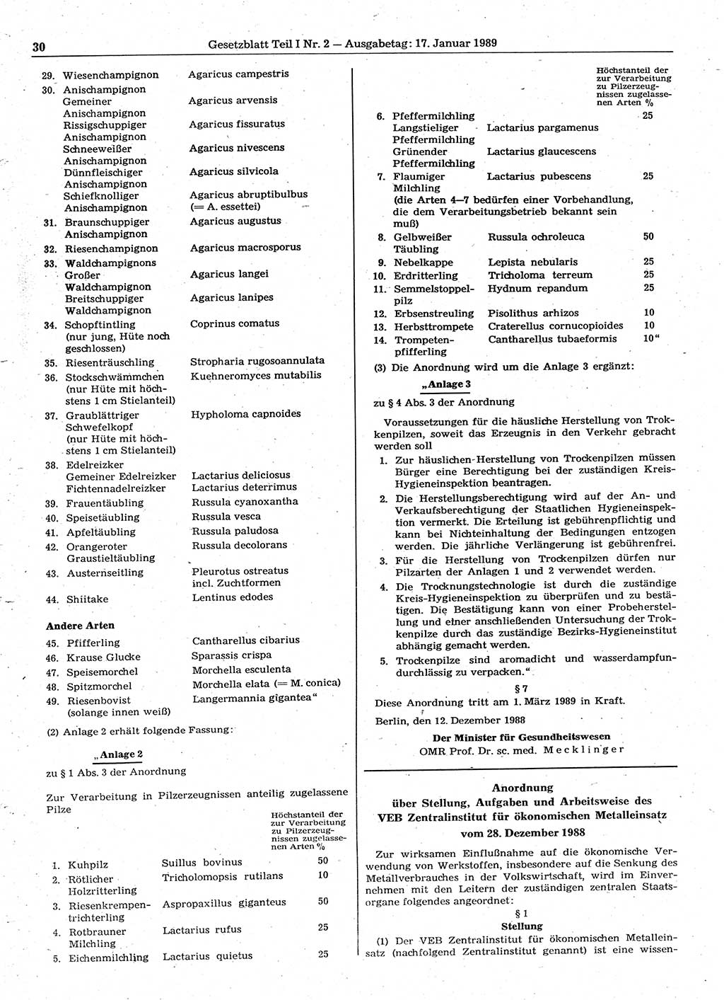Gesetzblatt (GBl.) der Deutschen Demokratischen Republik (DDR) Teil Ⅰ 1989, Seite 30 (GBl. DDR Ⅰ 1989, S. 30)