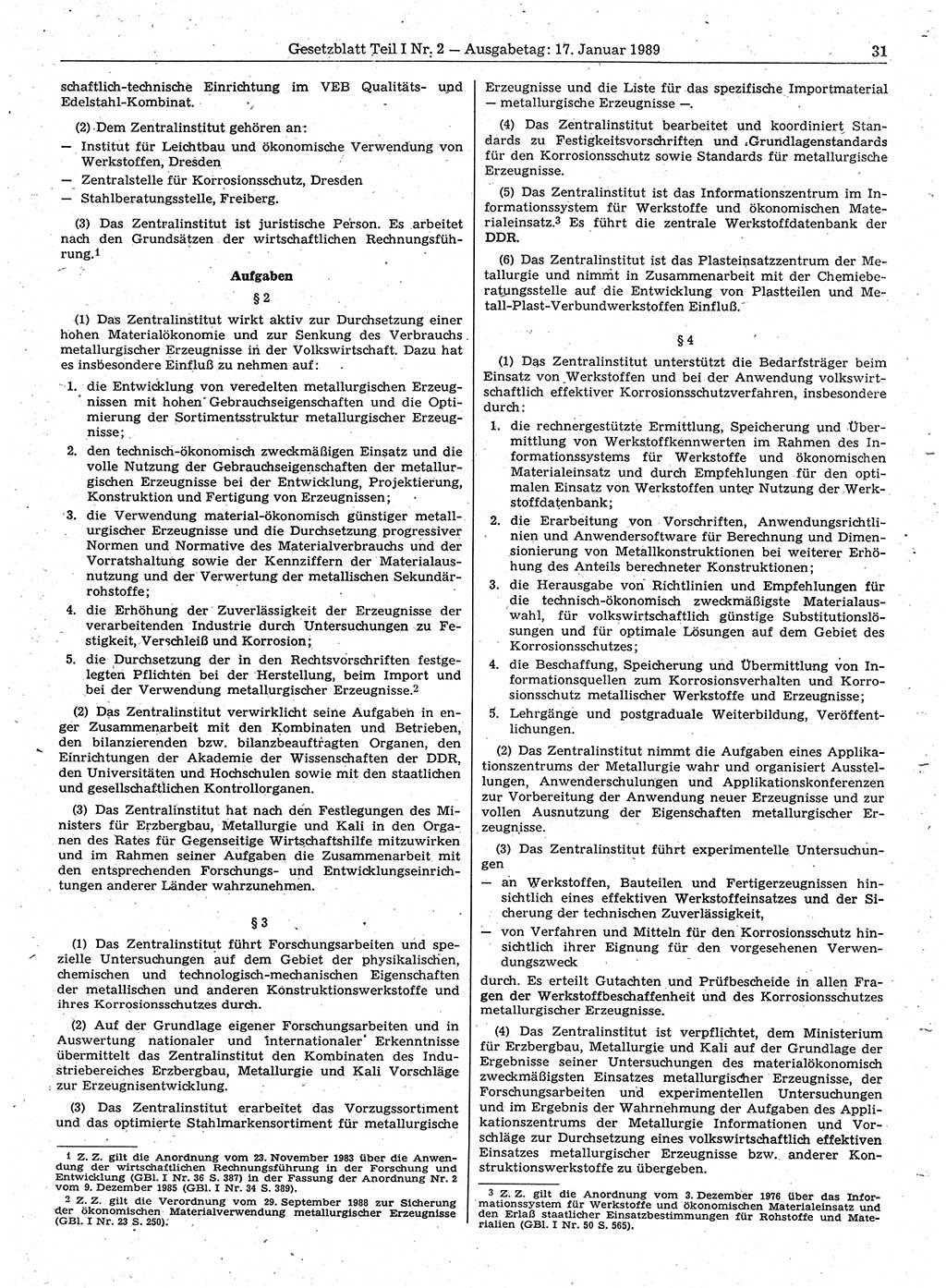 Gesetzblatt (GBl.) der Deutschen Demokratischen Republik (DDR) Teil Ⅰ 1989, Seite 31 (GBl. DDR Ⅰ 1989, S. 31)