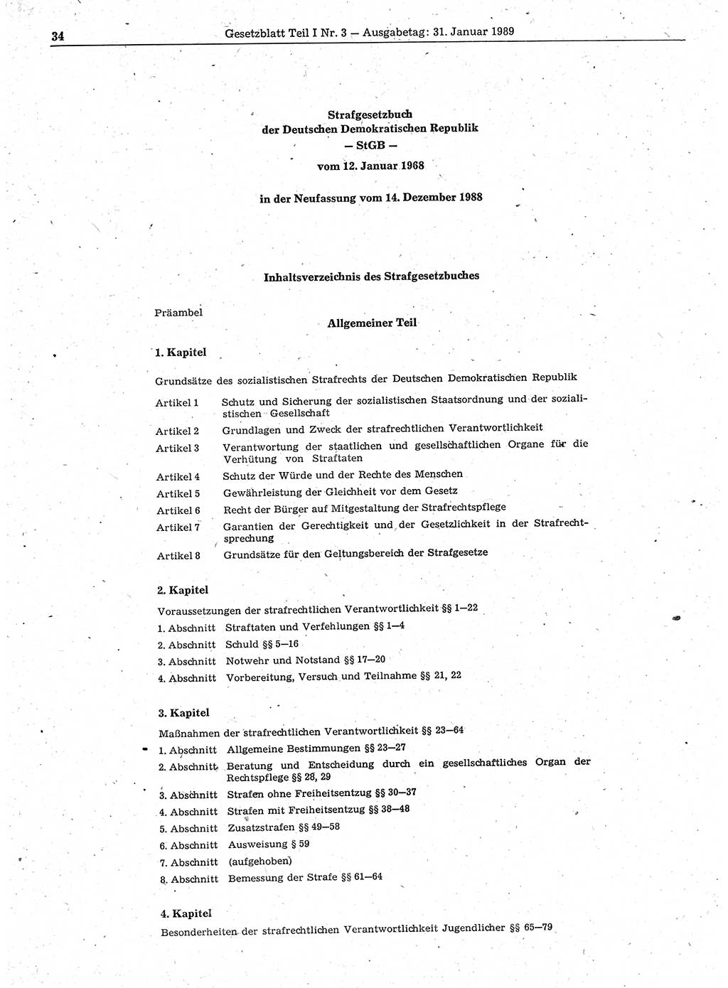 Gesetzblatt (GBl.) der Deutschen Demokratischen Republik (DDR) Teil Ⅰ 1989, Seite 34 (GBl. DDR Ⅰ 1989, S. 34)