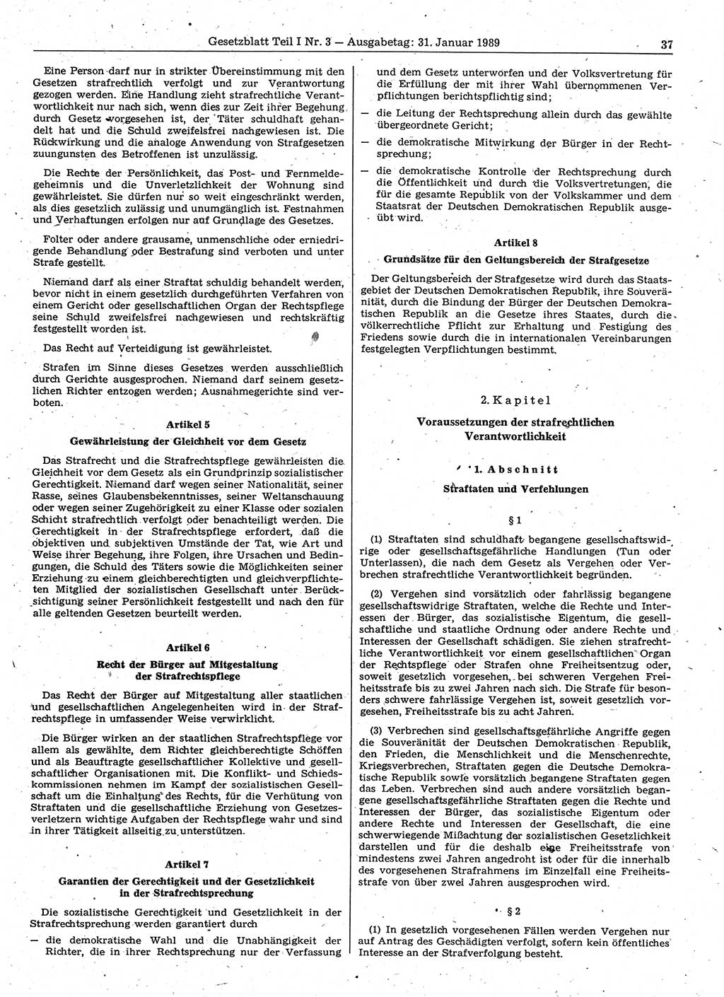 Gesetzblatt (GBl.) der Deutschen Demokratischen Republik (DDR) Teil Ⅰ 1989, Seite 37 (GBl. DDR Ⅰ 1989, S. 37)