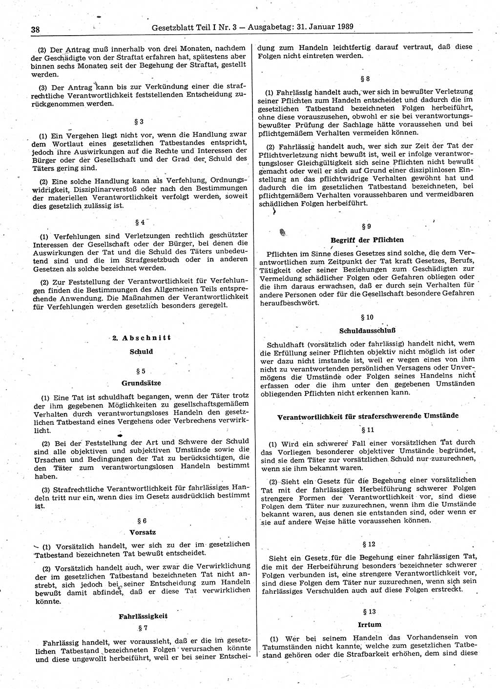 Gesetzblatt (GBl.) der Deutschen Demokratischen Republik (DDR) Teil Ⅰ 1989, Seite 38 (GBl. DDR Ⅰ 1989, S. 38)