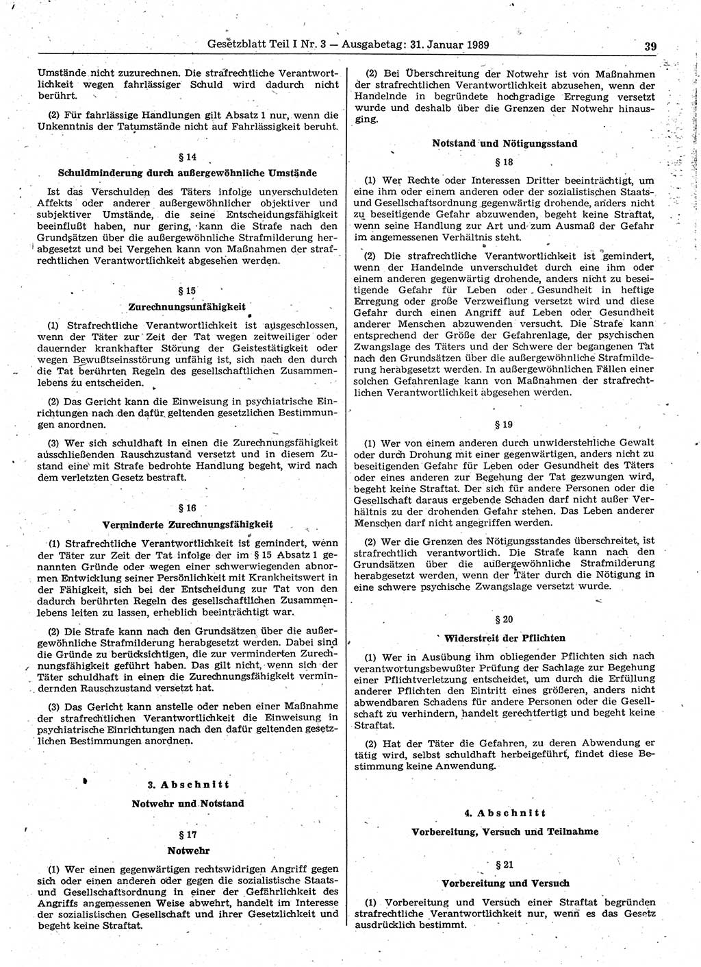 Gesetzblatt (GBl.) der Deutschen Demokratischen Republik (DDR) Teil Ⅰ 1989, Seite 39 (GBl. DDR Ⅰ 1989, S. 39)