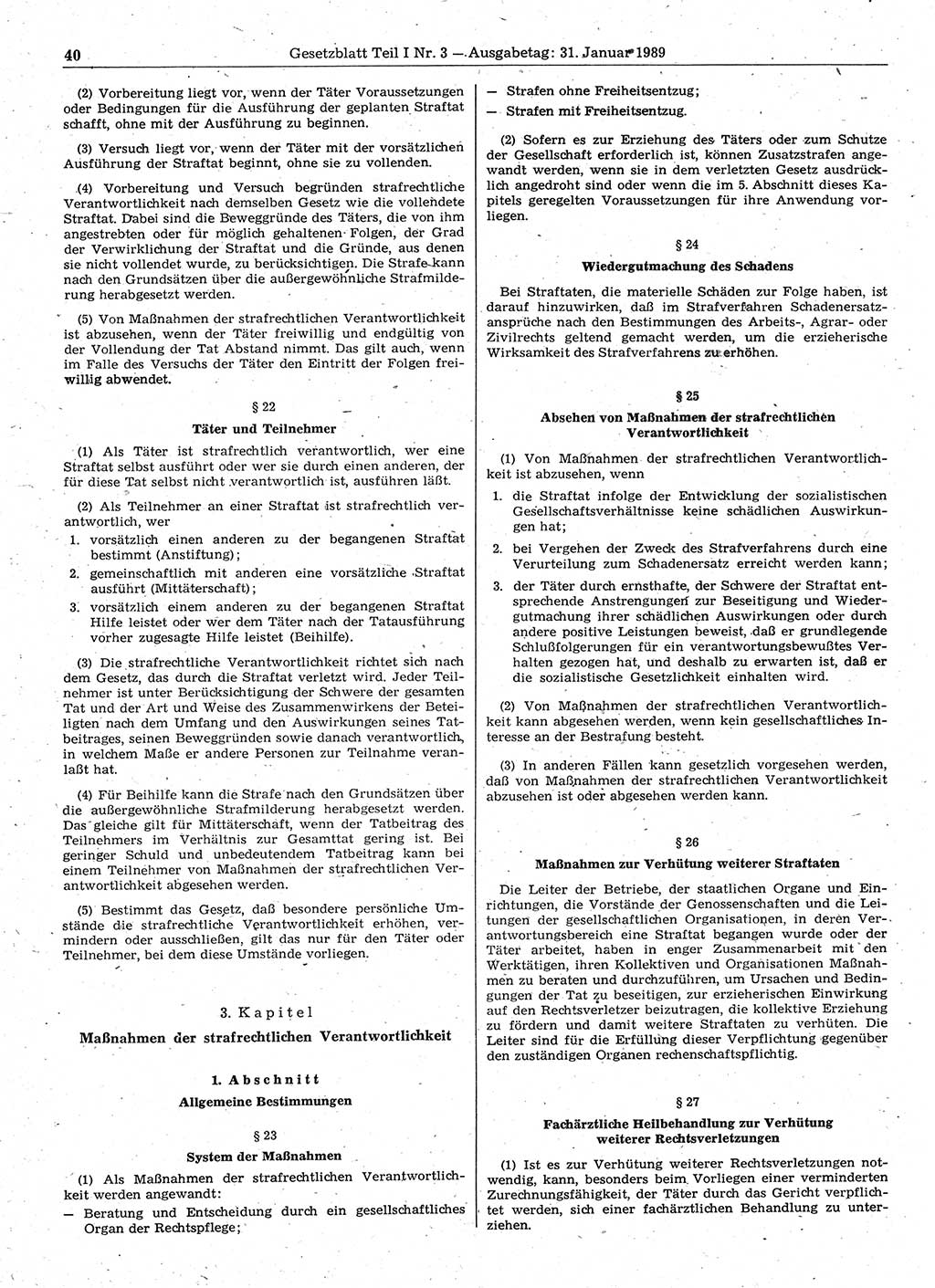 Gesetzblatt (GBl.) der Deutschen Demokratischen Republik (DDR) Teil Ⅰ 1989, Seite 40 (GBl. DDR Ⅰ 1989, S. 40)
