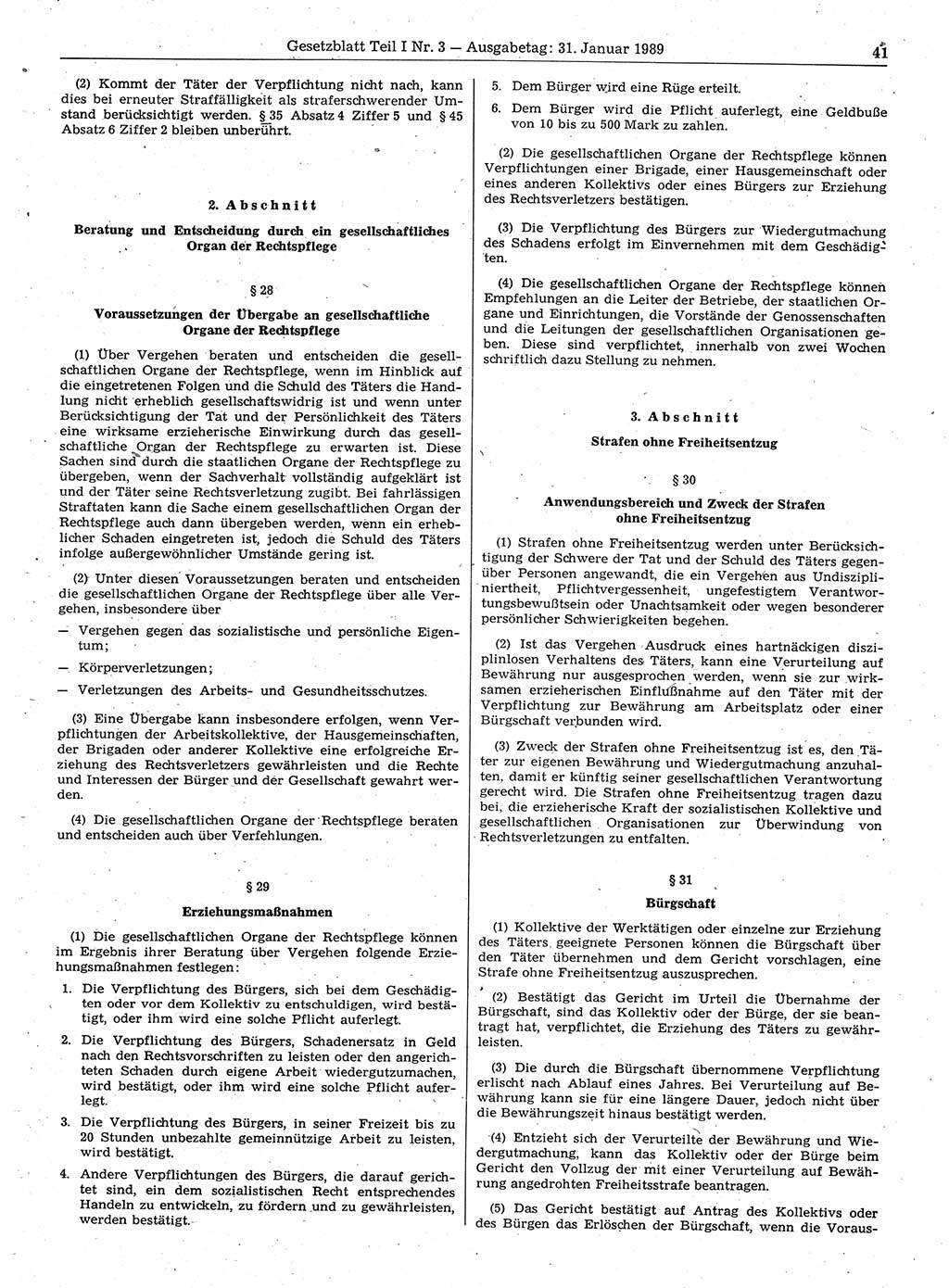 Gesetzblatt (GBl.) der Deutschen Demokratischen Republik (DDR) Teil Ⅰ 1989, Seite 41 (GBl. DDR Ⅰ 1989, S. 41)