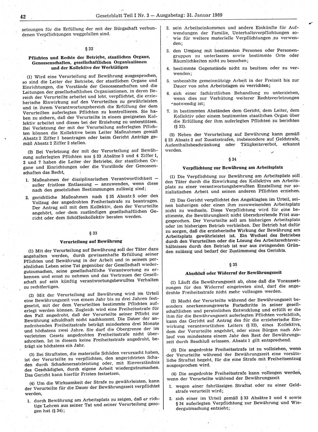 Gesetzblatt (GBl.) der Deutschen Demokratischen Republik (DDR) Teil Ⅰ 1989, Seite 42 (GBl. DDR Ⅰ 1989, S. 42)