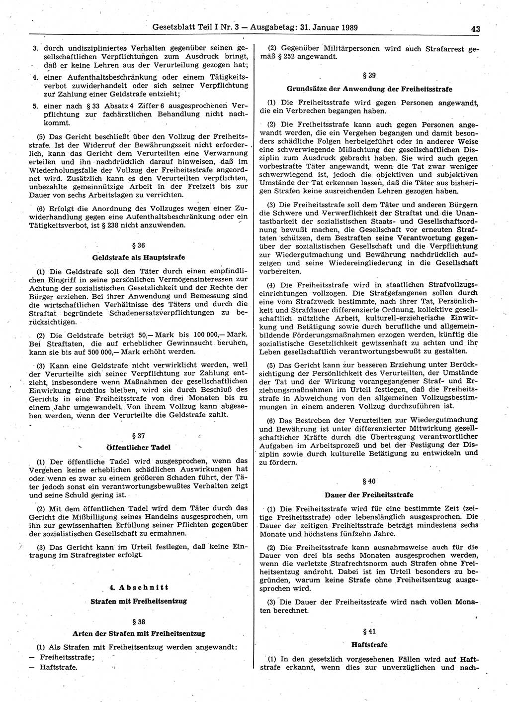 Gesetzblatt (GBl.) der Deutschen Demokratischen Republik (DDR) Teil Ⅰ 1989, Seite 43 (GBl. DDR Ⅰ 1989, S. 43)
