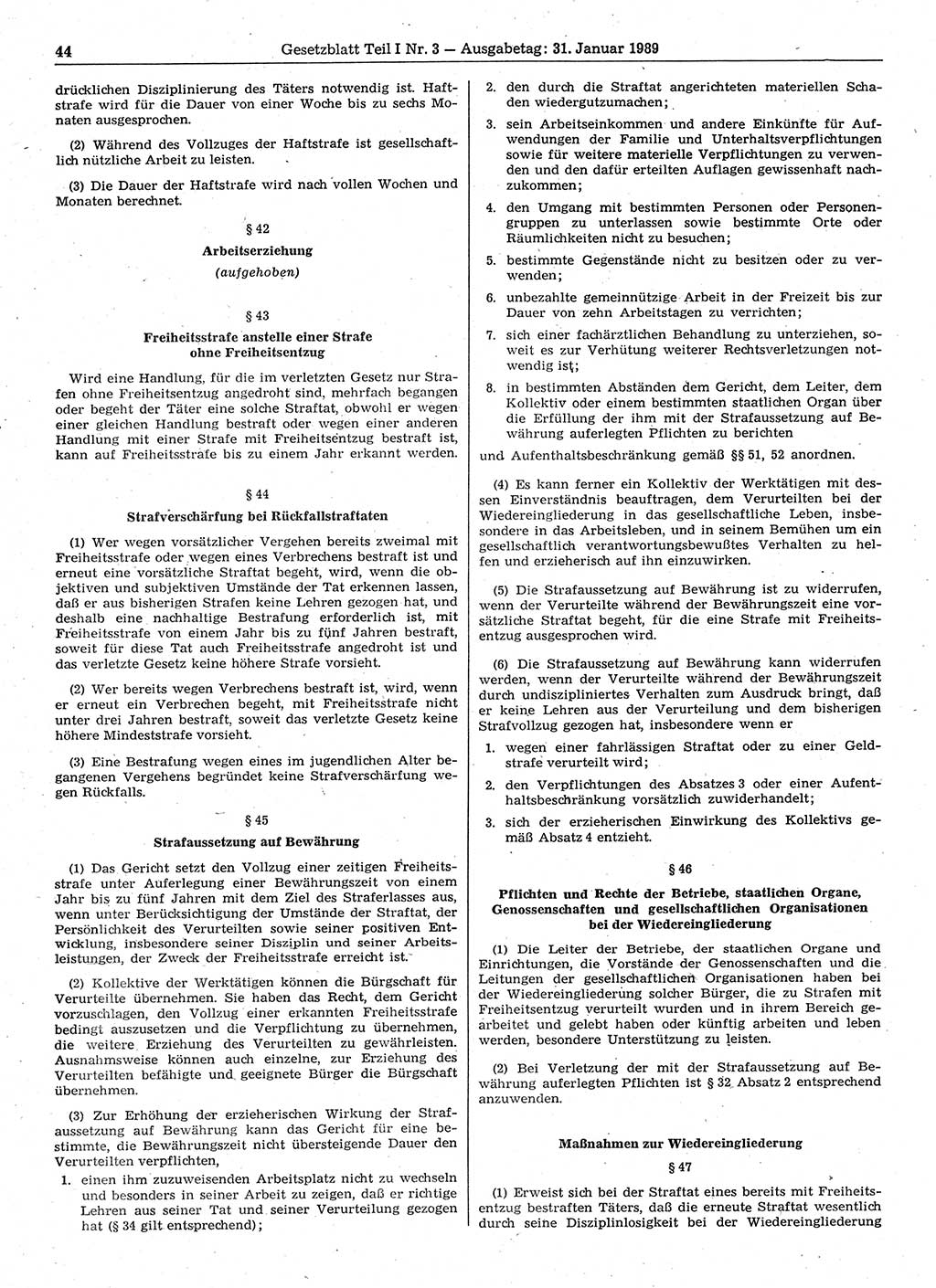 Gesetzblatt (GBl.) der Deutschen Demokratischen Republik (DDR) Teil Ⅰ 1989, Seite 44 (GBl. DDR Ⅰ 1989, S. 44)