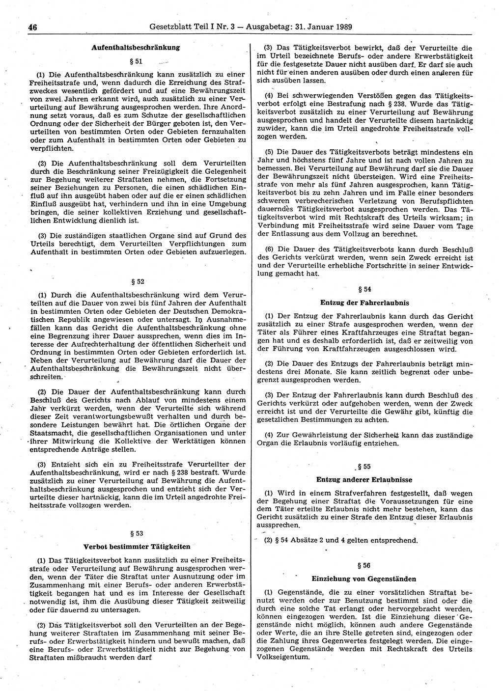 Gesetzblatt (GBl.) der Deutschen Demokratischen Republik (DDR) Teil Ⅰ 1989, Seite 46 (GBl. DDR Ⅰ 1989, S. 46)