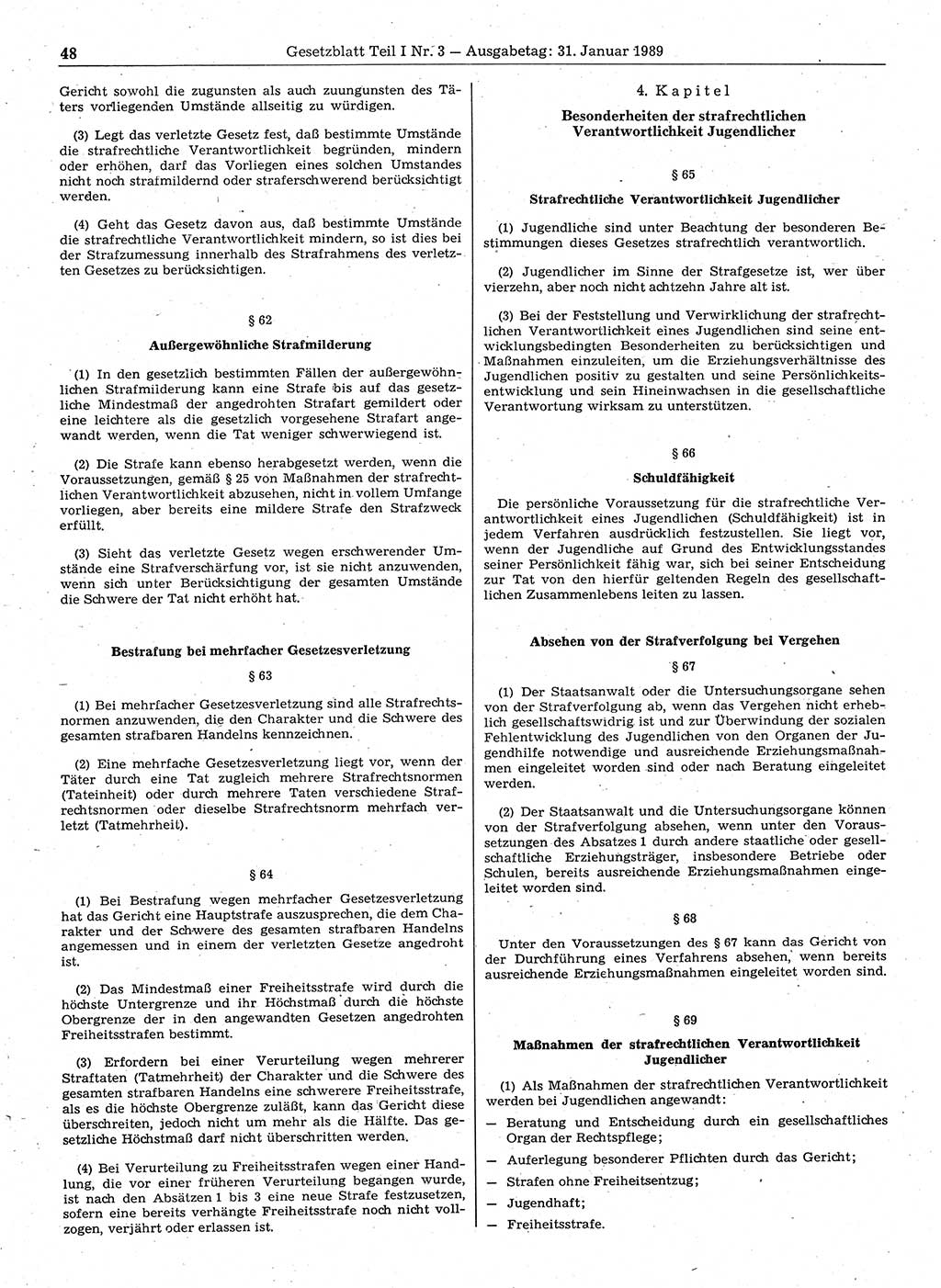 Gesetzblatt (GBl.) der Deutschen Demokratischen Republik (DDR) Teil Ⅰ 1989, Seite 48 (GBl. DDR Ⅰ 1989, S. 48)