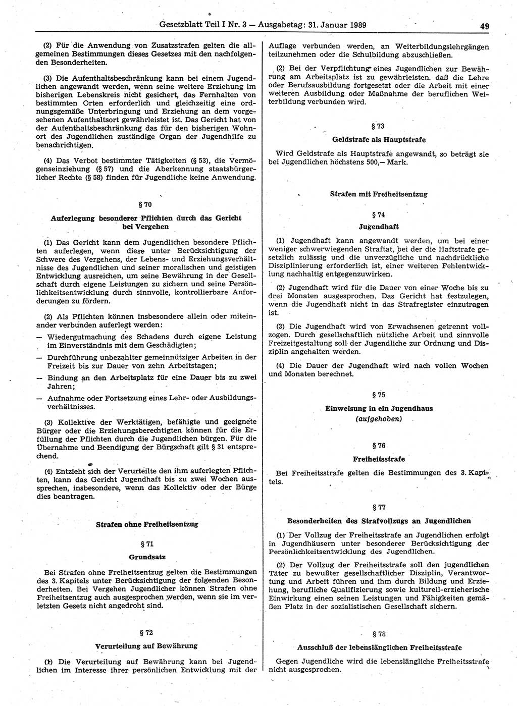 Gesetzblatt (GBl.) der Deutschen Demokratischen Republik (DDR) Teil Ⅰ 1989, Seite 49 (GBl. DDR Ⅰ 1989, S. 49)