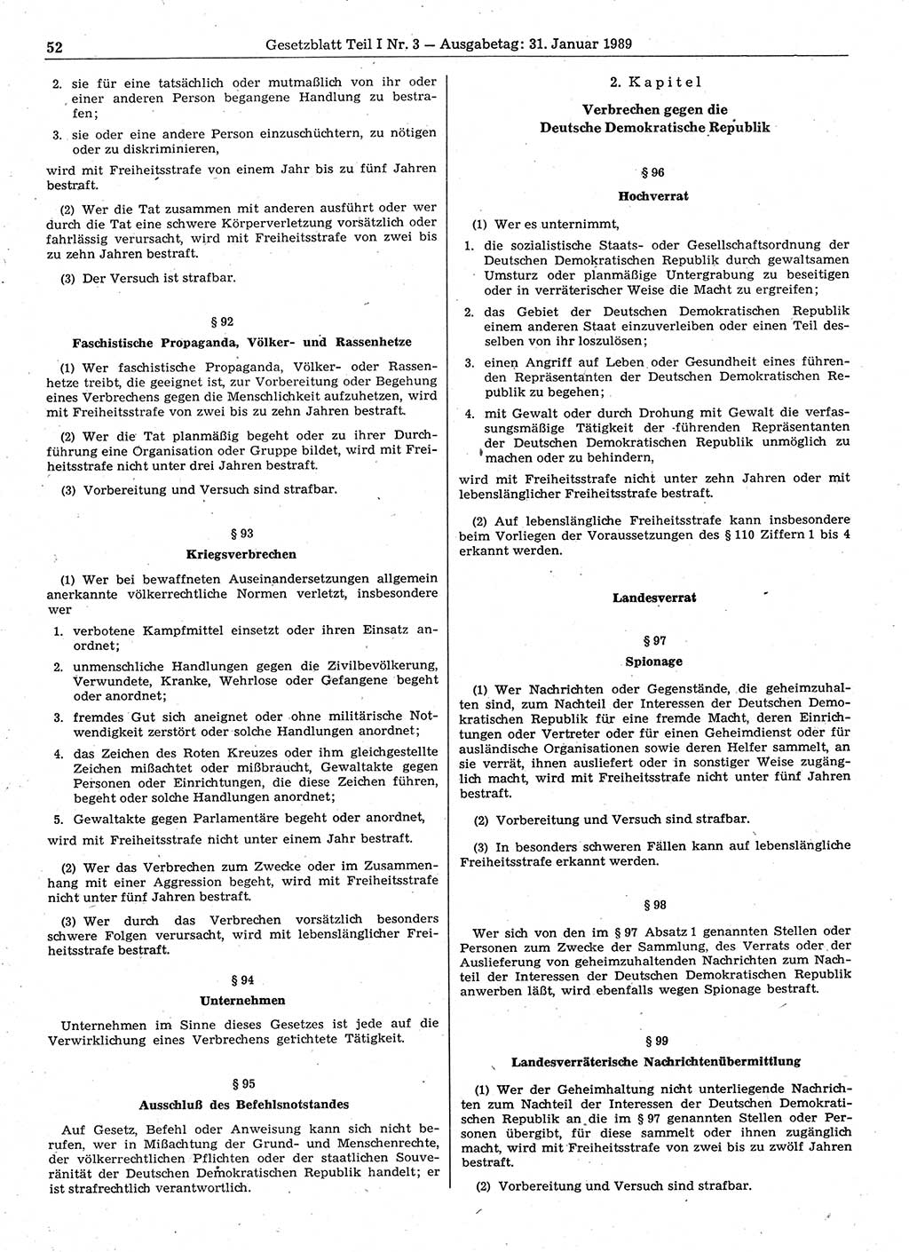 Gesetzblatt (GBl.) der Deutschen Demokratischen Republik (DDR) Teil Ⅰ 1989, Seite 52 (GBl. DDR Ⅰ 1989, S. 52)