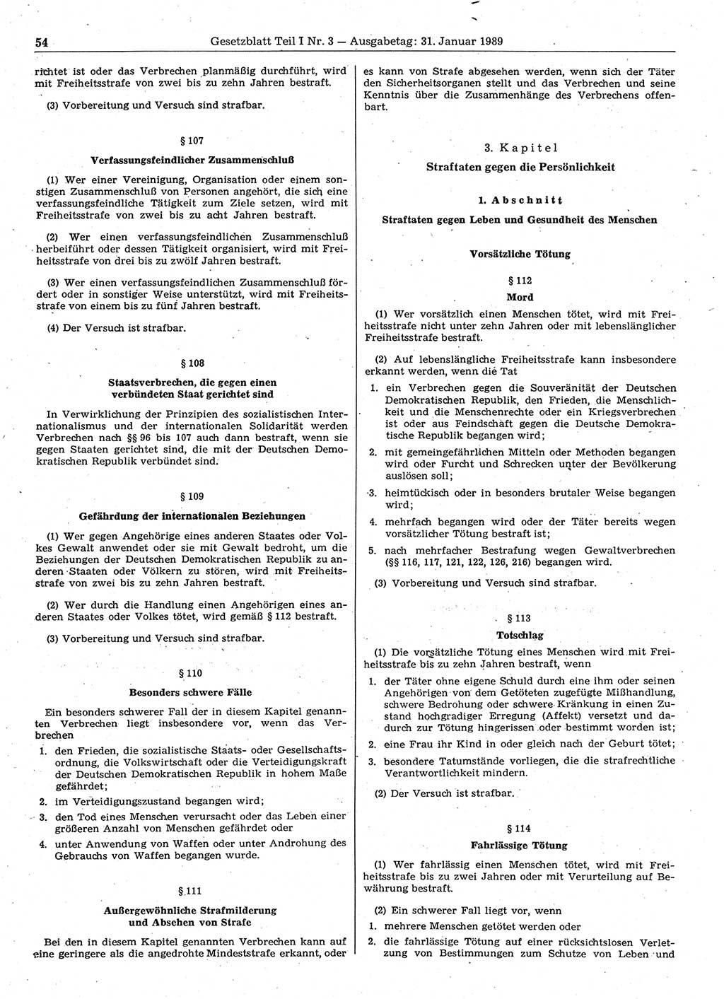 Gesetzblatt (GBl.) der Deutschen Demokratischen Republik (DDR) Teil Ⅰ 1989, Seite 54 (GBl. DDR Ⅰ 1989, S. 54)