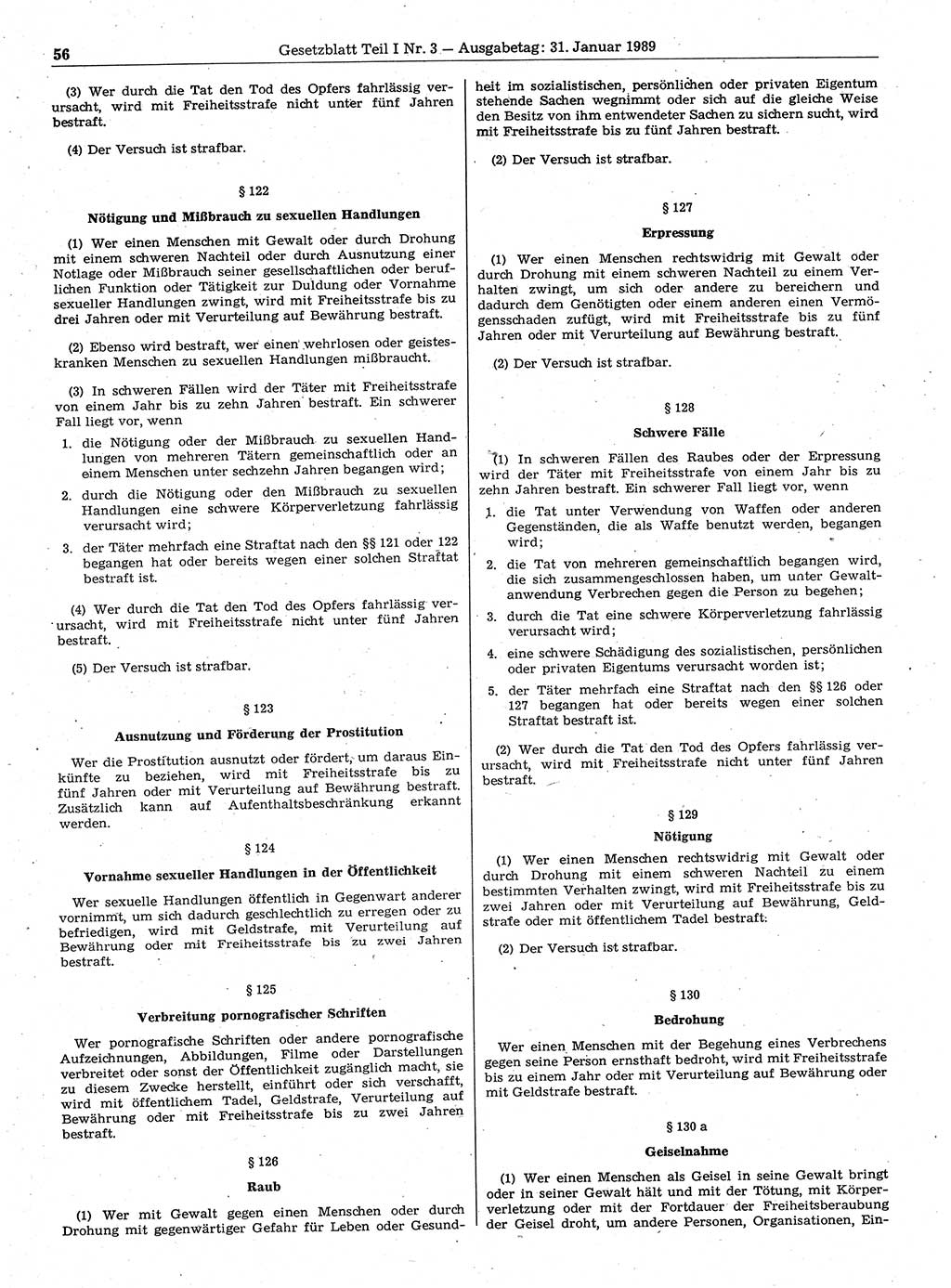 Gesetzblatt (GBl.) der Deutschen Demokratischen Republik (DDR) Teil Ⅰ 1989, Seite 56 (GBl. DDR Ⅰ 1989, S. 56)