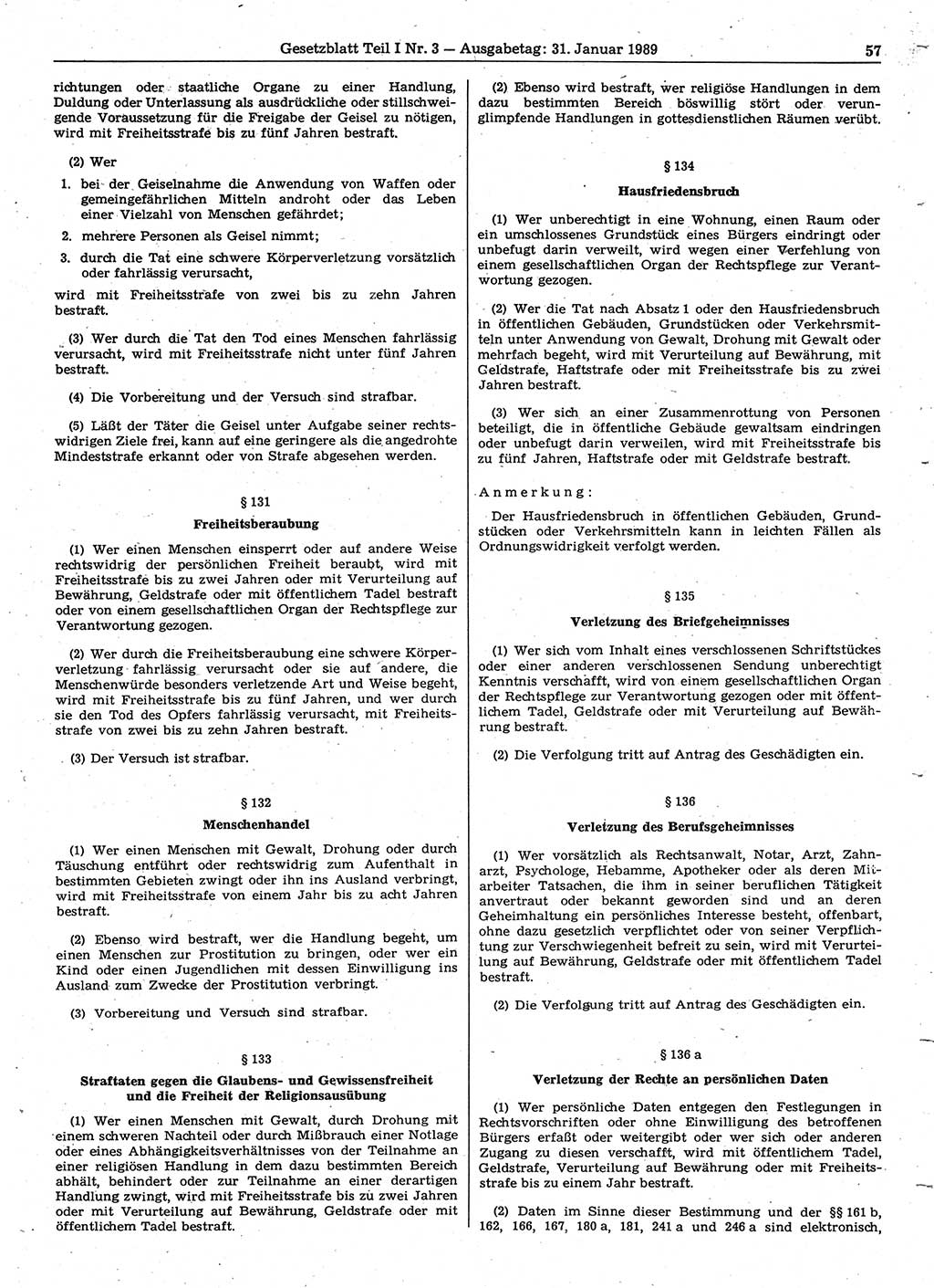 Gesetzblatt (GBl.) der Deutschen Demokratischen Republik (DDR) Teil Ⅰ 1989, Seite 57 (GBl. DDR Ⅰ 1989, S. 57)