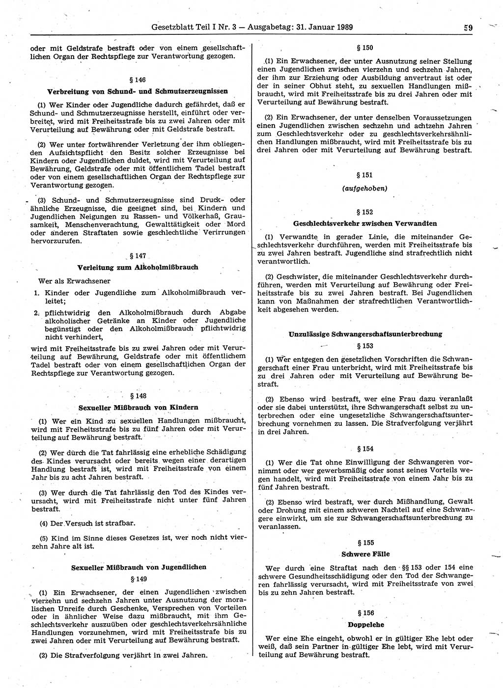 Gesetzblatt (GBl.) der Deutschen Demokratischen Republik (DDR) Teil Ⅰ 1989, Seite 59 (GBl. DDR Ⅰ 1989, S. 59)