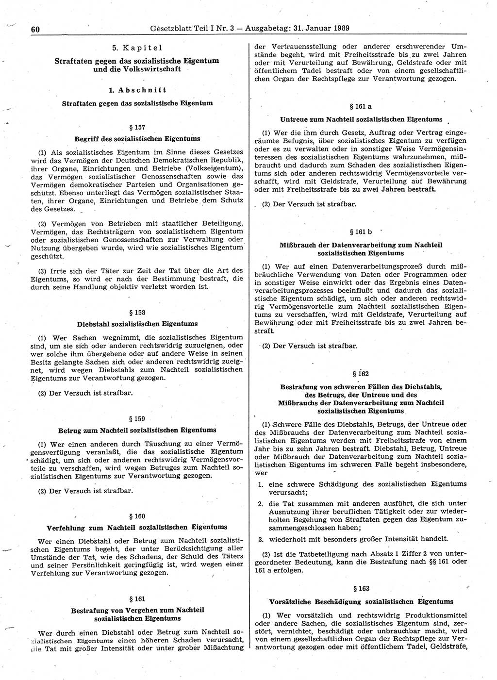 Gesetzblatt (GBl.) der Deutschen Demokratischen Republik (DDR) Teil Ⅰ 1989, Seite 60 (GBl. DDR Ⅰ 1989, S. 60)