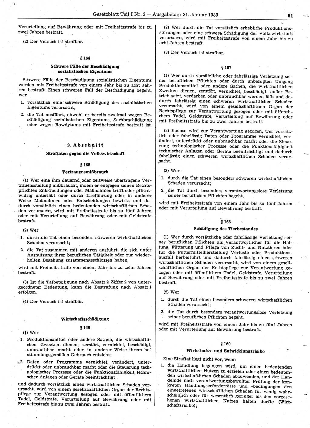 Gesetzblatt (GBl.) der Deutschen Demokratischen Republik (DDR) Teil Ⅰ 1989, Seite 61 (GBl. DDR Ⅰ 1989, S. 61)