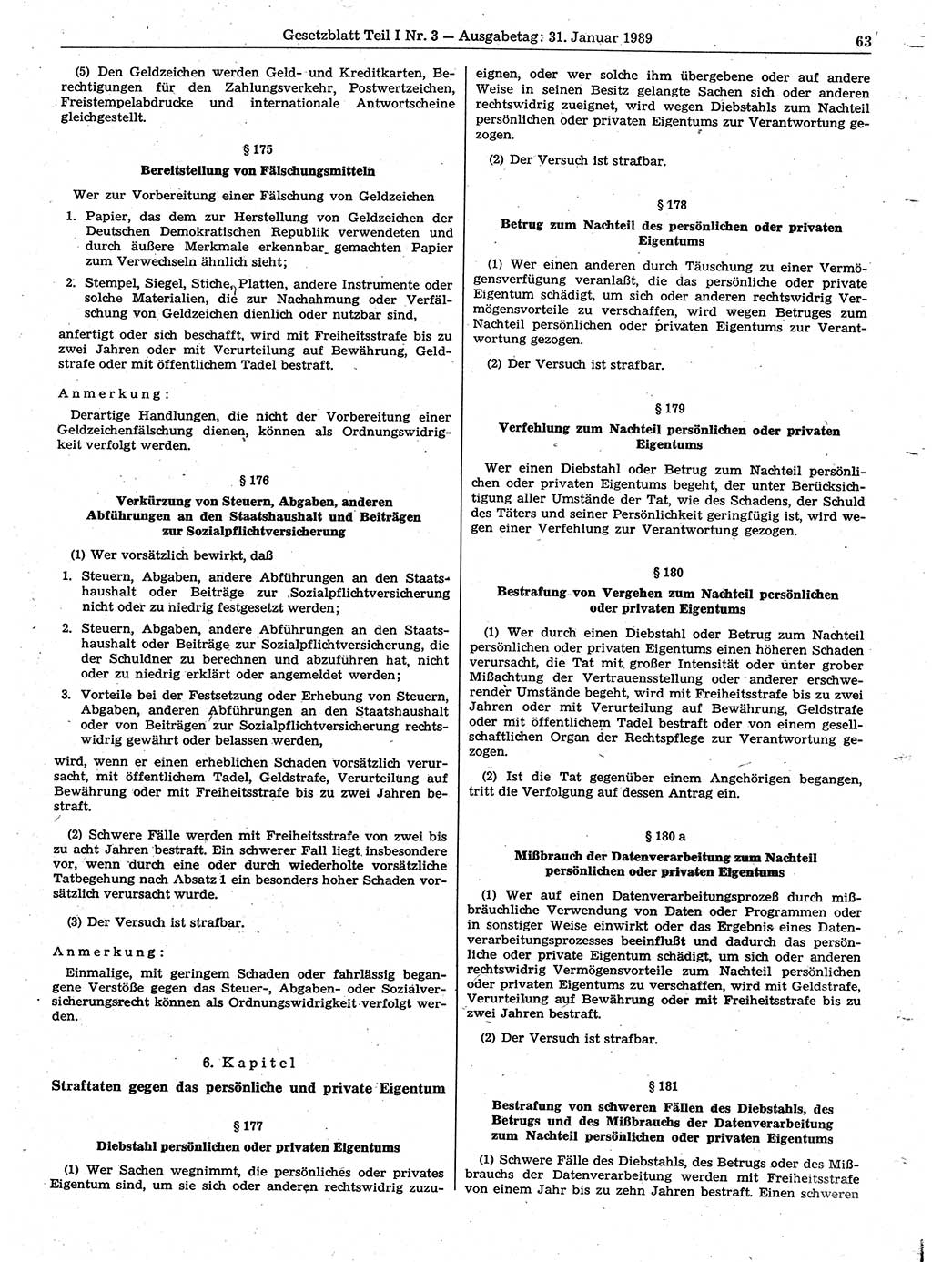 Gesetzblatt (GBl.) der Deutschen Demokratischen Republik (DDR) Teil Ⅰ 1989, Seite 63 (GBl. DDR Ⅰ 1989, S. 63)
