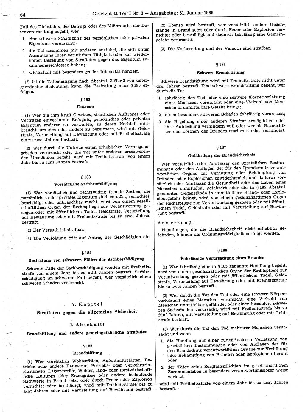 Gesetzblatt (GBl.) der Deutschen Demokratischen Republik (DDR) Teil Ⅰ 1989, Seite 64 (GBl. DDR Ⅰ 1989, S. 64)