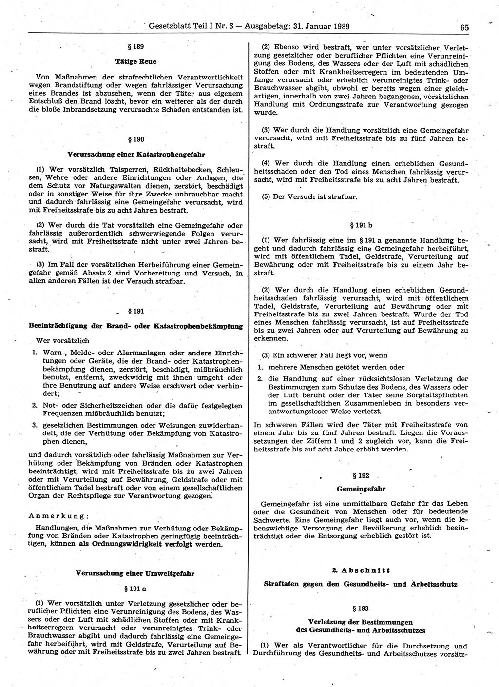 Gesetzblatt (GBl.) der Deutschen Demokratischen Republik (DDR) Teil Ⅰ 1989, Seite 65 (GBl. DDR Ⅰ 1989, S. 65)