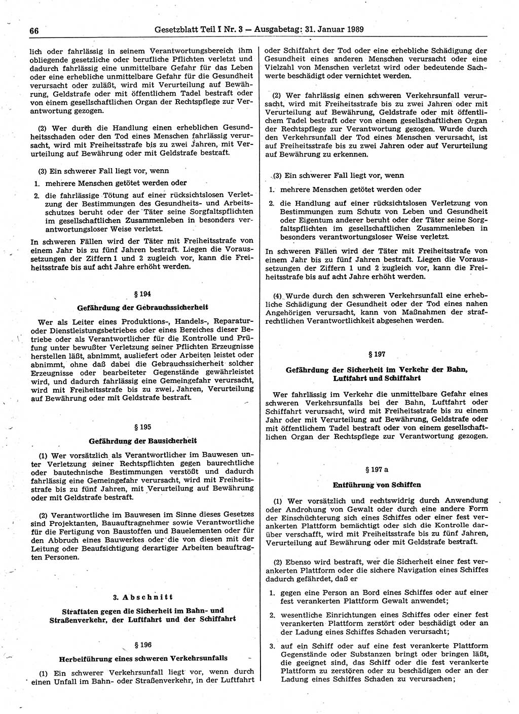 Gesetzblatt (GBl.) der Deutschen Demokratischen Republik (DDR) Teil Ⅰ 1989, Seite 66 (GBl. DDR Ⅰ 1989, S. 66)