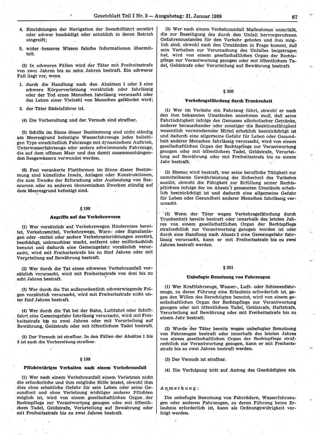 Gesetzblatt (GBl.) der Deutschen Demokratischen Republik (DDR) Teil Ⅰ 1989, Seite 67 (GBl. DDR Ⅰ 1989, S. 67)