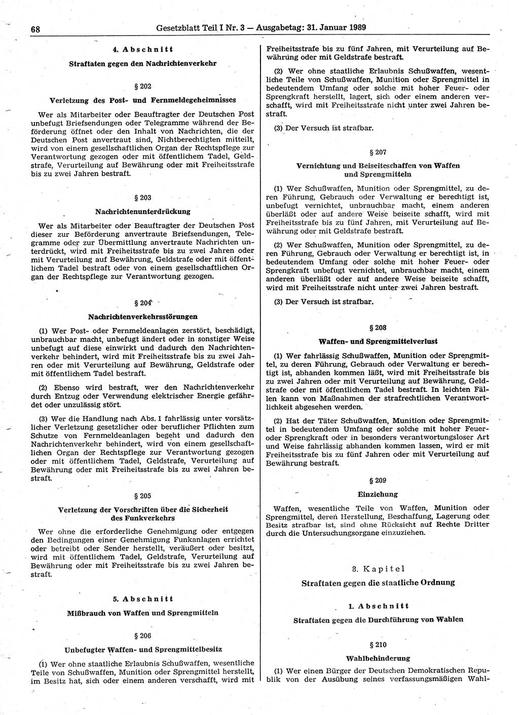 Gesetzblatt (GBl.) der Deutschen Demokratischen Republik (DDR) Teil Ⅰ 1989, Seite 68 (GBl. DDR Ⅰ 1989, S. 68)