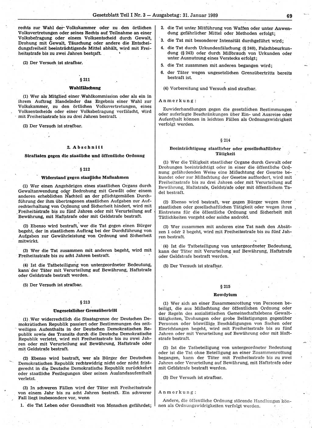 Gesetzblatt (GBl.) der Deutschen Demokratischen Republik (DDR) Teil Ⅰ 1989, Seite 69 (GBl. DDR Ⅰ 1989, S. 69)