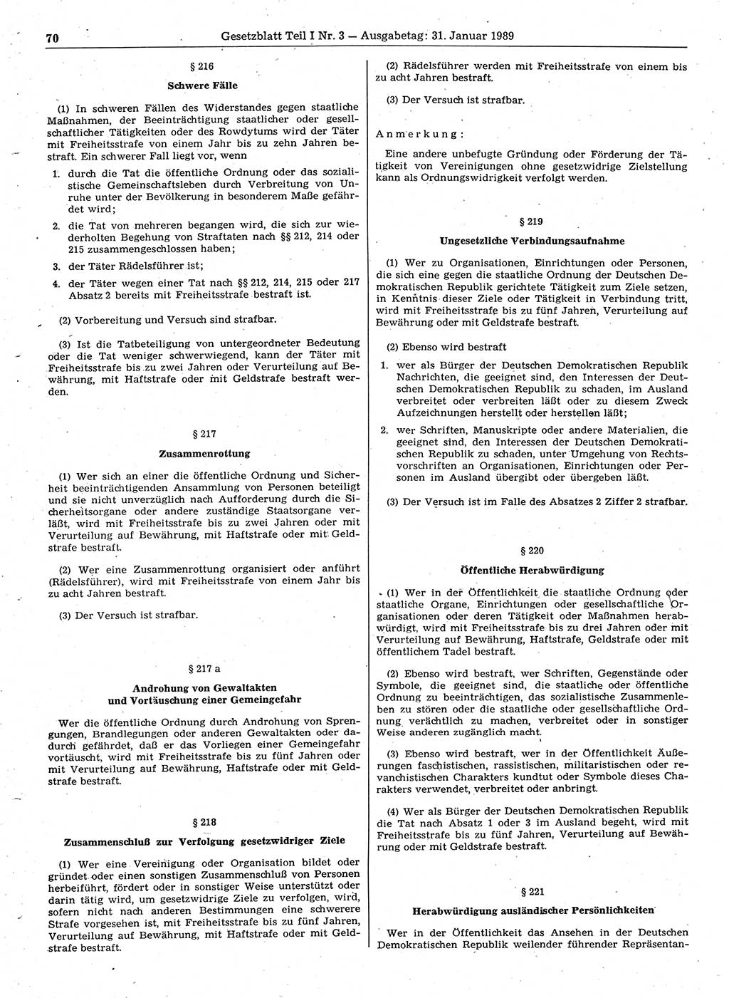 Gesetzblatt (GBl.) der Deutschen Demokratischen Republik (DDR) Teil Ⅰ 1989, Seite 70 (GBl. DDR Ⅰ 1989, S. 70)