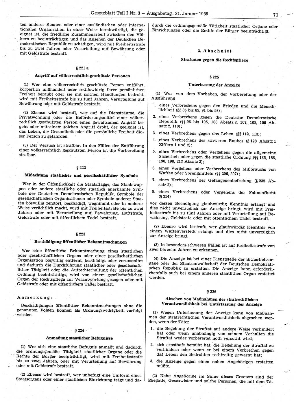 Gesetzblatt (GBl.) der Deutschen Demokratischen Republik (DDR) Teil Ⅰ 1989, Seite 71 (GBl. DDR Ⅰ 1989, S. 71)
