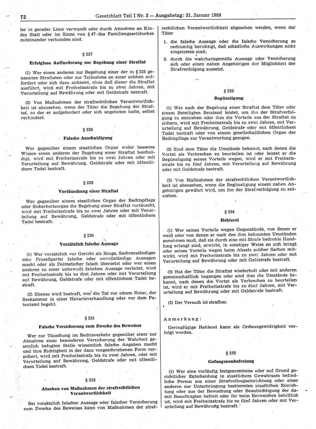 Gesetzblatt (GBl.) der Deutschen Demokratischen Republik (DDR) Teil Ⅰ 1989, Seite 72 (GBl. DDR Ⅰ 1989, S. 72)