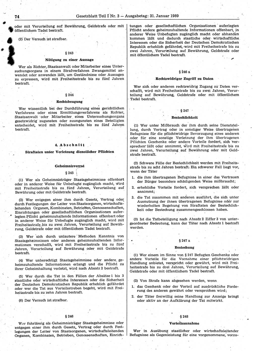 Gesetzblatt (GBl.) der Deutschen Demokratischen Republik (DDR) Teil Ⅰ 1989, Seite 74 (GBl. DDR Ⅰ 1989, S. 74)