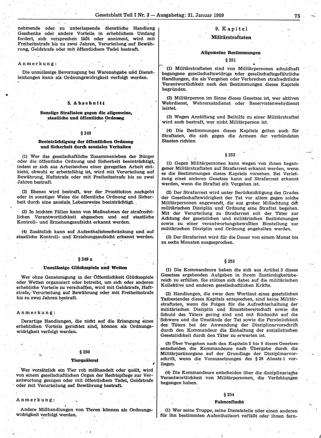 Gesetzblatt (GBl.) der Deutschen Demokratischen Republik (DDR) Teil Ⅰ 1989, Seite 75 (GBl. DDR Ⅰ 1989, S. 75)