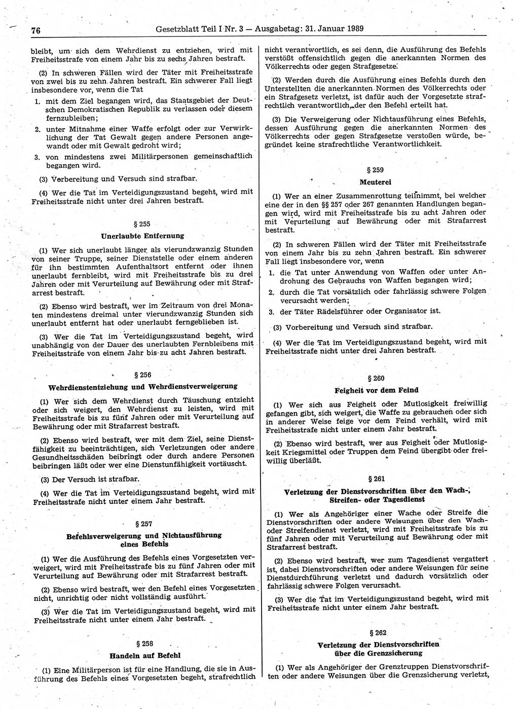 Gesetzblatt (GBl.) der Deutschen Demokratischen Republik (DDR) Teil Ⅰ 1989, Seite 76 (GBl. DDR Ⅰ 1989, S. 76)