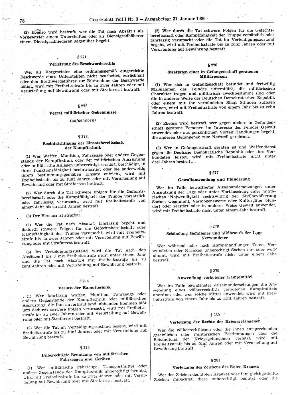 Gesetzblatt (GBl.) der Deutschen Demokratischen Republik (DDR) Teil Ⅰ 1989, Seite 78 (GBl. DDR Ⅰ 1989, S. 78)
